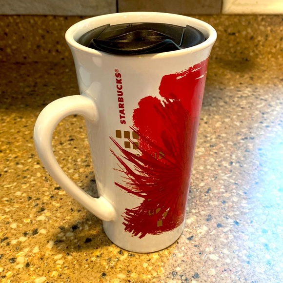 Starbucks Dining Starbucks Ceramic Travel Mug With Lid Red Floral Starburst Poshmark
